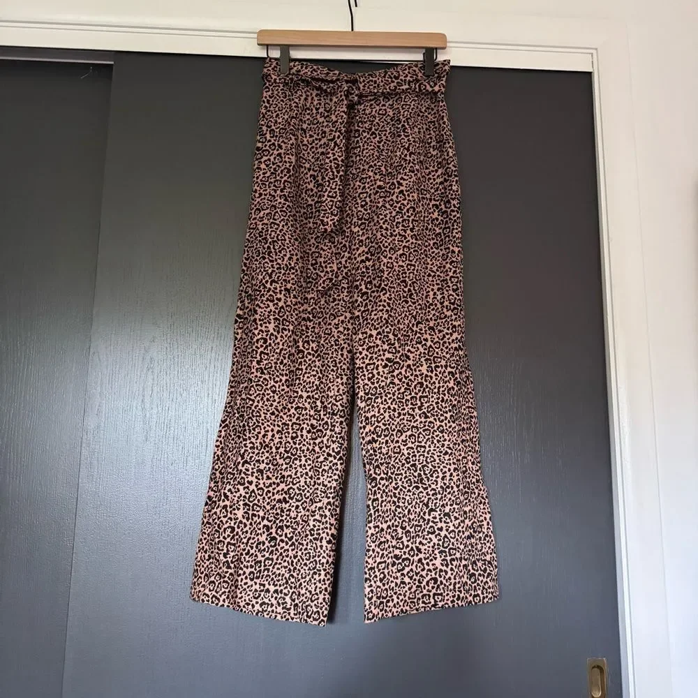 Reformation Women’s Linen Wide Leg Animal Print Trousers with Tie Waist sz 0